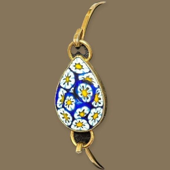 Blue Floral Mille Fiori Enamel and Gold tone Bracelet Bangle - Picture 5 of 13